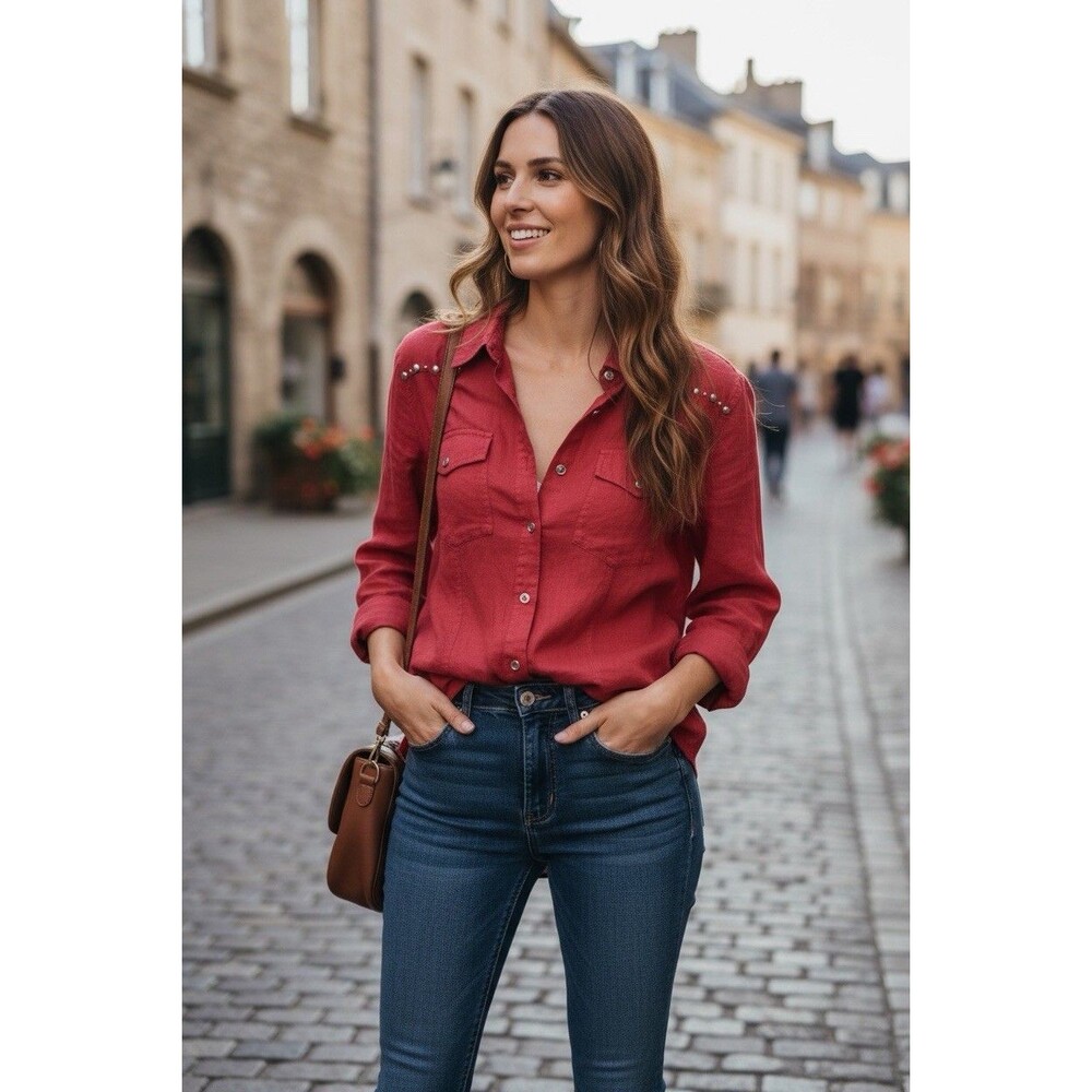 WallFlower Juniors L Red Studded Shoulder Button Front Long Sleeve Shirt Boho